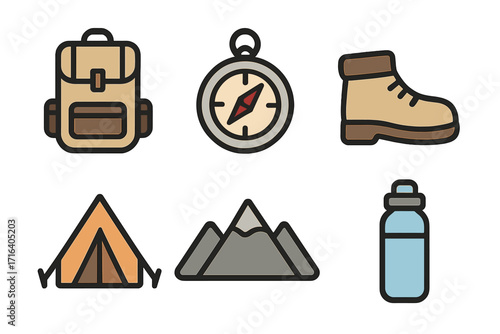 Camping icons collection. Minimalist vector set for hiking and outdoor adventure. Includes backpack, compass, boot, tent, mountain, water bottle. Simple travel equipment symbols.