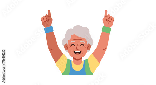 Elderly woman with gray hair and a joyful expression, raising her arms in celebration.