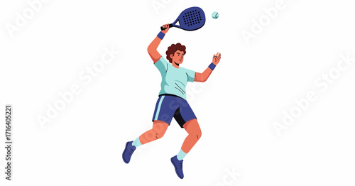 Illustration of a tennis player in action, hitting the ball with a racket during a match.