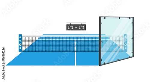 Table tennis court with digital scoreboard and transparent screen.