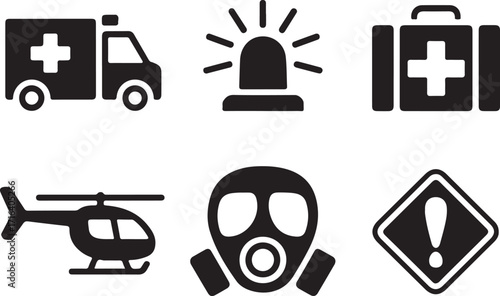 Emergency icons ambulance helicopter mask first aid alert