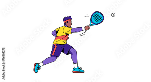 Dynamic vector illustration of a male athlete in colorful sportswear hitting a ball with a padel racket.