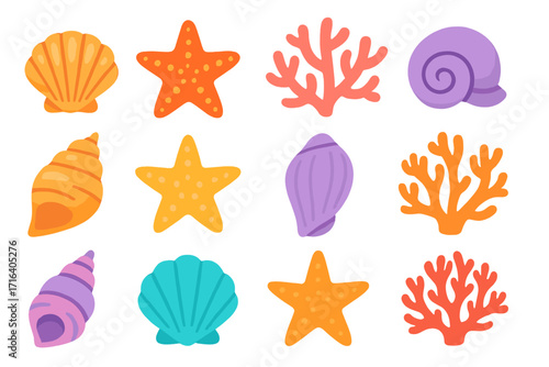 Colorful sea life collection. Vector set of seashells, starfish, and coral icons. Flat cartoon illustration. Marine animal and plant elements for summer and beach design.