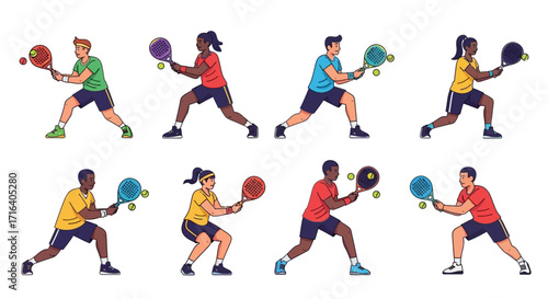 Diverse group of people playing paddle tennis in various poses and outfits, showcasing the sport's inclusivity.