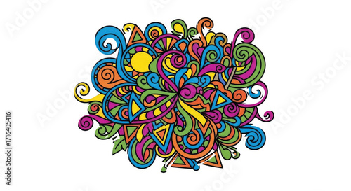 Vibrant abstract doodle art with swirling lines, geometric shapes, and a kaleidoscope of bright colors on a white background.