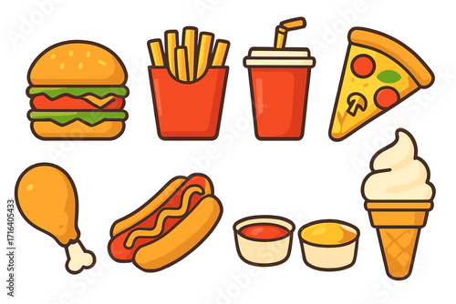 Fast food icon set. Colorful vector cartoon illustration. Junk food collection with hamburger, pizza, french fries, hot dog, soda, chicken leg, ice cream. Menu design elements.