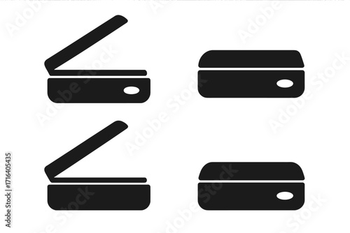 Scanner silhouette icon set. Vector collection of open and closed flatbed scanners. Minimalist office equipment for document scanning and copying. Technology symbol design.