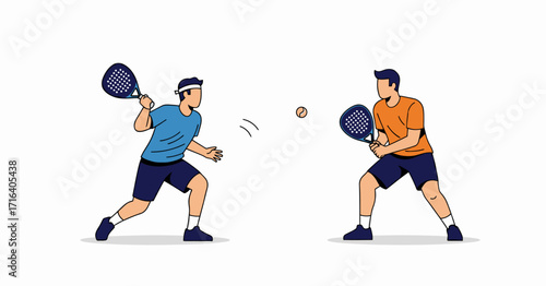 Two men playing padel tennis, one in blue, the other in orange, in a dynamic action shot.