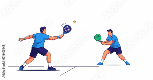 Illustration of two male athletes in blue sportswear playing a competitive game of padel on a white background.