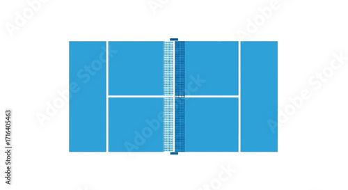 A top-down view of a blue tennis court with white lines and a net dividing the playing area.