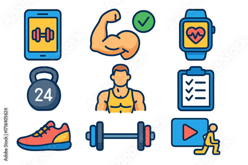 Workout icons set for fitness app & gym training. Vector concepts for health tracking, weightlifting, bodybuilding, cardio. Dumbbell, kettlebell, barbell, smartwatch icon.