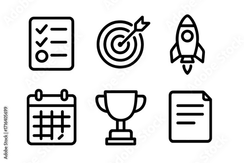 Productivity line icon set. Business goals, success, achievement. Project management, startup launch. Minimalist symbols: checklist, target, rocket, trophy, calendar, document.