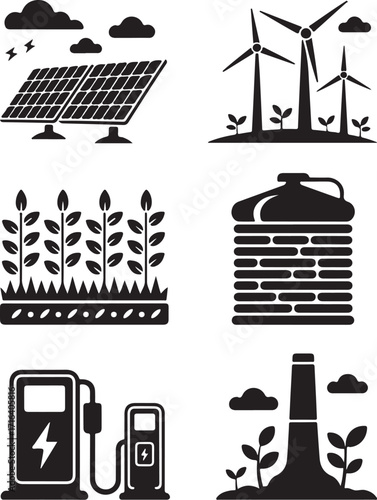 Clean energy icons: solar, wind, farming, fuel, industry