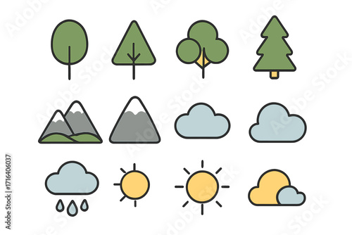 Minimalist nature icon set. Vector flat line symbols of trees, mountains, sun, cloud, rain. Outdoor travel, weather forecast, and ecology design elements. Graphic illustration.