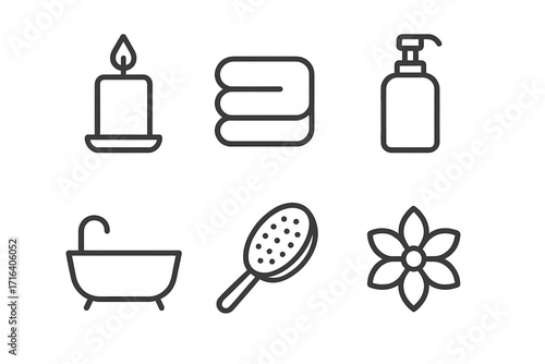 Spa and beauty icon set in minimalist outline style. Vector symbols for wellness, relaxation, and self-care. Includes candle, towel, lotion, bathtub, brush, and flower.
