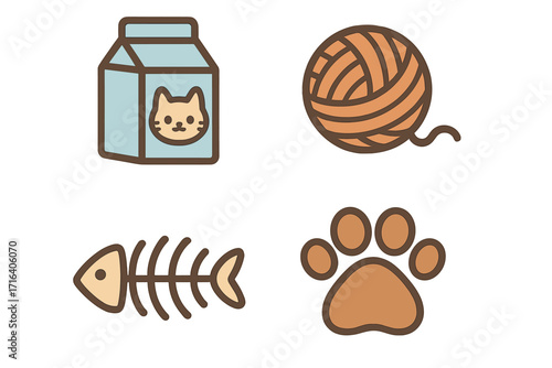 Cute cat icon set with milk carton, yarn ball, fishbone, and paw print. Vector cartoon illustration collection of pet accessories and food. Simple flat design elements for a pet shop.