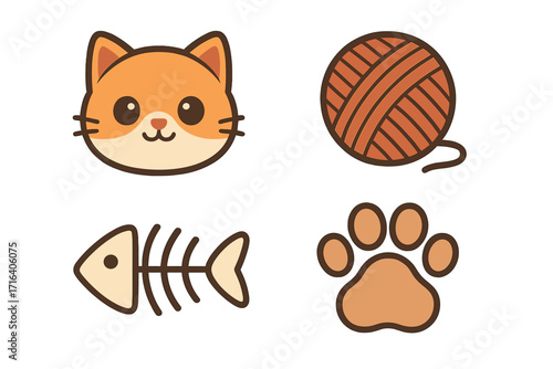 Cute cat icon set with ginger kitten head, yarn ball, fish skeleton and paw print. Adorable kawaii cartoon vector collection for pet shop, vet or kids design. Flat animal symbols.