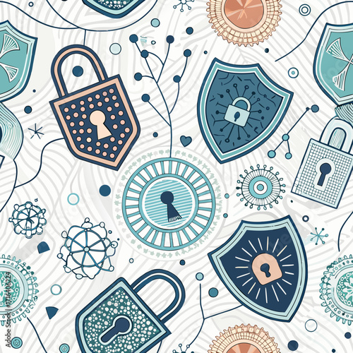 Seamless pattern of abstract security icons and safe motifs in modern linear style, blue and gray colors, for fintech and cybersecurity backgrounds