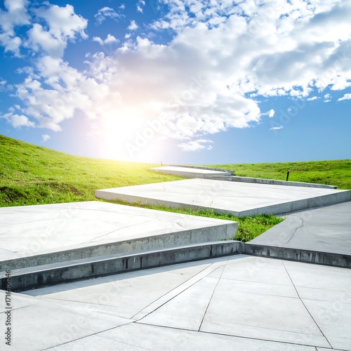 Modern outdoor concrete pathways through grassy hills