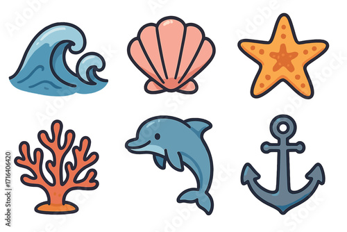 Nautical icons set with wave, shell, starfish, dolphin, coral, anchor. Cute marine cartoon vector illustration collection. Sea and ocean life symbols. Underwater animal design elements.