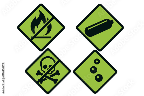 Non-flammable and non-toxic gas safety signs set, hazardous material icons, vector cartoon illustration, hazard warning symbols, transparent background