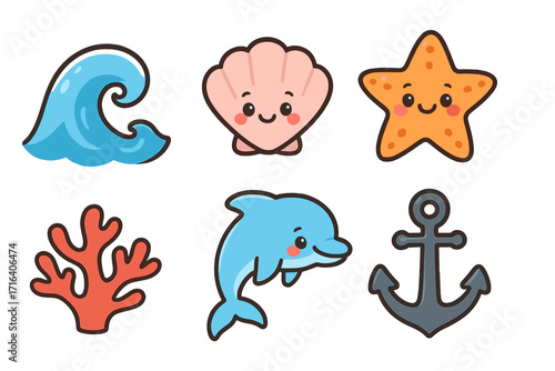 Cute kawaii nautical icons collection. Cartoon vector set with ocean wave, seashell, starfish, dolphin, coral, and boat anchor. Marine life characters for kids illustration.