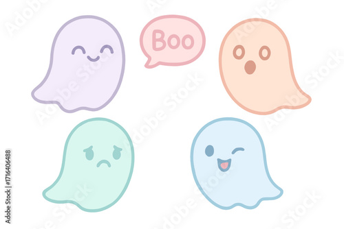 Cute pastel ghosts character set with various expressions. Kawaii cartoon vector illustration collection for Halloween. Funny happy, sad, surprised spirits with boo speech bubble.