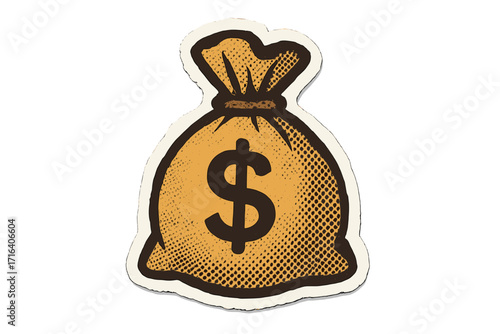Retro halftone collage torn paper sticker of money bag with dollar sign, vintage dotted effect, 90s style vector illustration, cartoon money sack graphic design