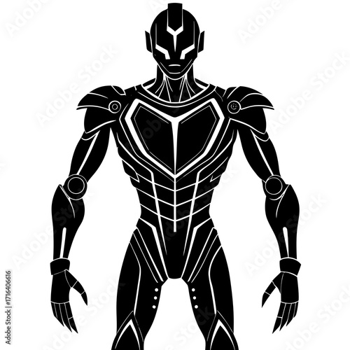 Black and white robot illustration with white accents