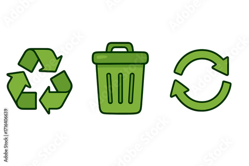 Set of eco-friendly waste management icons. Green vector symbols for recycling, trash, and reuse. Environmental conservation concept for ecology and a zero waste lifestyle.