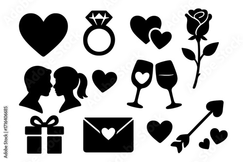 Romantic symbols collection with hearts, engagement ring, rose, couple silhouette, gift box, love letter, clinking wine glasses, and arrow heart in black silhouette style, vector cartoon illustration