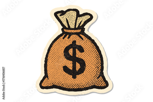 Retro halftone collage torn paper sticker of money bag with dollar sign, vintage dotted effect, 90s style cartoon vector illustration, finance, wealth, cash, savings