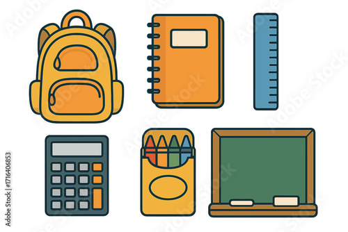 School supplies flat design illustration including yellow backpack, spiral notebook, blue ruler, calculator, colored crayons, and green chalkboard with chalk, ordered set vector graphics for education