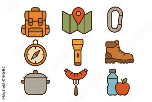 Outdoor adventure icon set for camping and hiking. Essential gear collection. Backpack, map, compass, carabiner. Flat vector illustration for travel, trekking, survival concept.