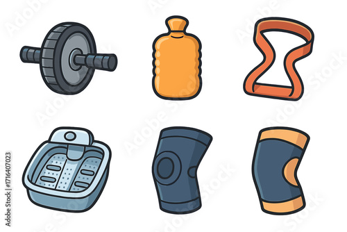 Fitness and recovery equipment icon set. Ab roller, hot water bottle, resistance band for workout. Foot spa, knee support brace for rehabilitation and physical therapy. Vector.