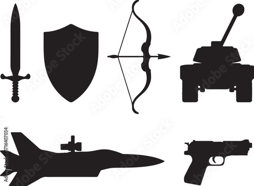 Diverse weaponry icons sword bow tank jet gun shield