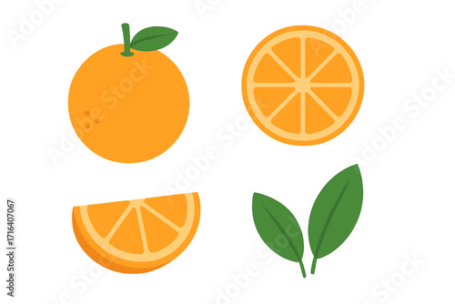 Orange fruit vector illustration set. Flat minimalist design elements. Fresh citrus, whole fruit, round slice, and wedge with green leaves for icons or patterns. Healthy food.