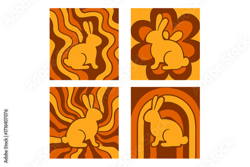 Set of retro groovy bunny silhouettes Easter posters, cards with psychedelic 60s-70s style backgrounds, vibrant wavy and flower shapes, flat linear vector art