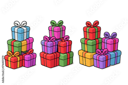 Colorful curved gift boxes stacked in piles, mountain of presents with cute bows, festive surprise template for Christmas and celebrations, vector illustration