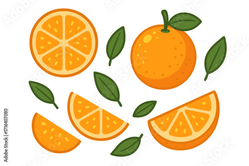 Flat citrus elements with orange, slices, and leaves in minimalist design. Vector cartoon illustration set. Fresh healthy fruit concept for juice or food packaging. Isolated.