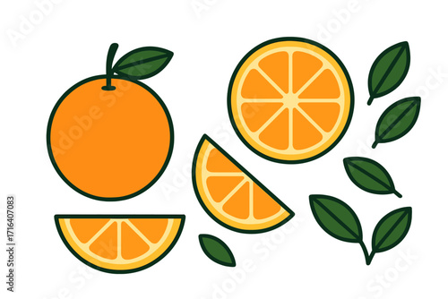 Orange fruit set vector cartoon illustration. Citrus slices, whole fruit, and leaves in flat minimalist design. Fresh healthy food concept, vitamin C icon collection isolated.