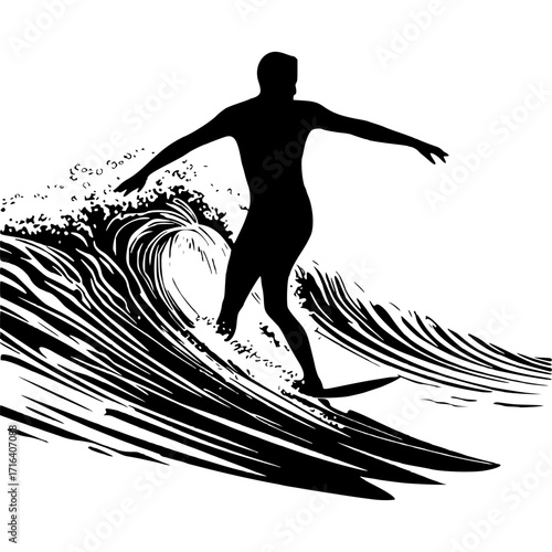 Silhouette surfer riding wave vector illustration surfing sport art