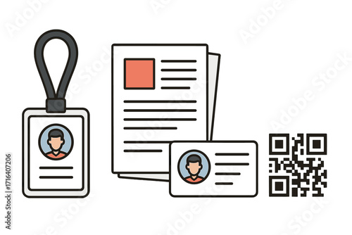 Professional identity verification and access management concept. Vector illustration set with employee ID card, badge on a lanyard, personal documents, and QR code for security.