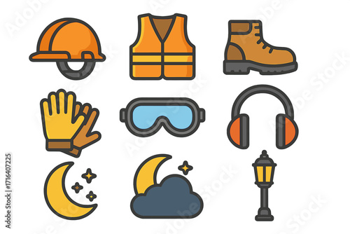 Work safety icon set for night shift. Personal protective equipment PPE for construction worker. Vector cartoon illustration of helmet, vest, boot, gloves and goggles.