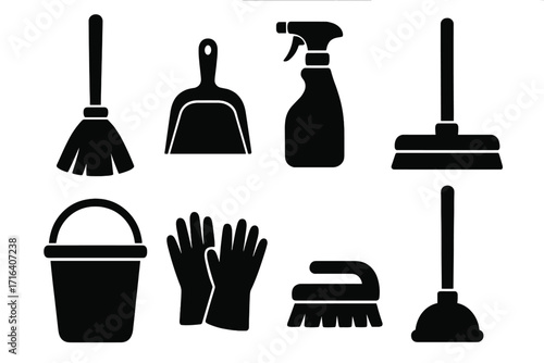 Household cleaning tools silhouette collection vector illustration with gloves bucket spray bottle broom dustpan scrub brush plunger set for chores and hygiene