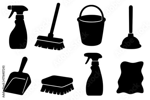 Silhouette collection of simple household cleaning tools including spray bottles, broom, bucket, plunger, dustpan, scrub brush, and cleaning cloth, vector illustration