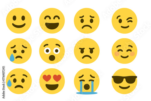 Flat emoji set of expressive faces with various emotions. Vector cartoon illustration of emoticons. Happy, sad, love, crying, angry, cool, and smiling character icons.
