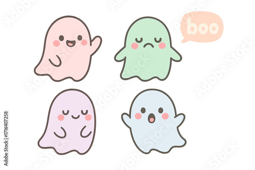 Cute ghost character set. Kawaii spooky Halloween mascot. Funny cartoon emoticons. Happy, sad, surprised spirits. Little phantom vector illustration collection. Boo.