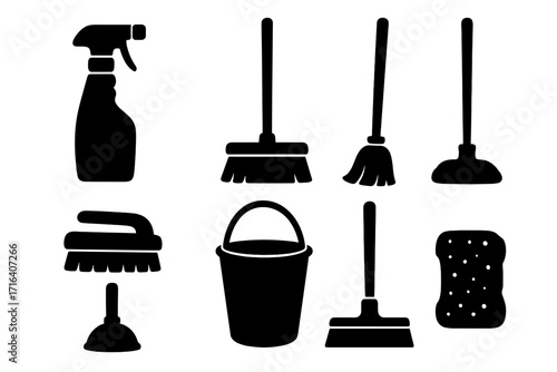 Set of simple cleaning tools silhouettes including spray bottle, broom, mop, plunger, scrub brush, bucket, and sponge for household chores and cleaning tasks, vector illustration