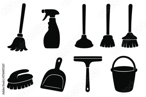 Silhouette collection of simple household cleaning tools for chores, vector cartoon illustration with transparent background, mop, spray bottle, plunger, scrub brush, bucket, dustpan set